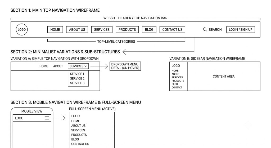 Clean website navigation menu wireframe to avoid confusing visitors