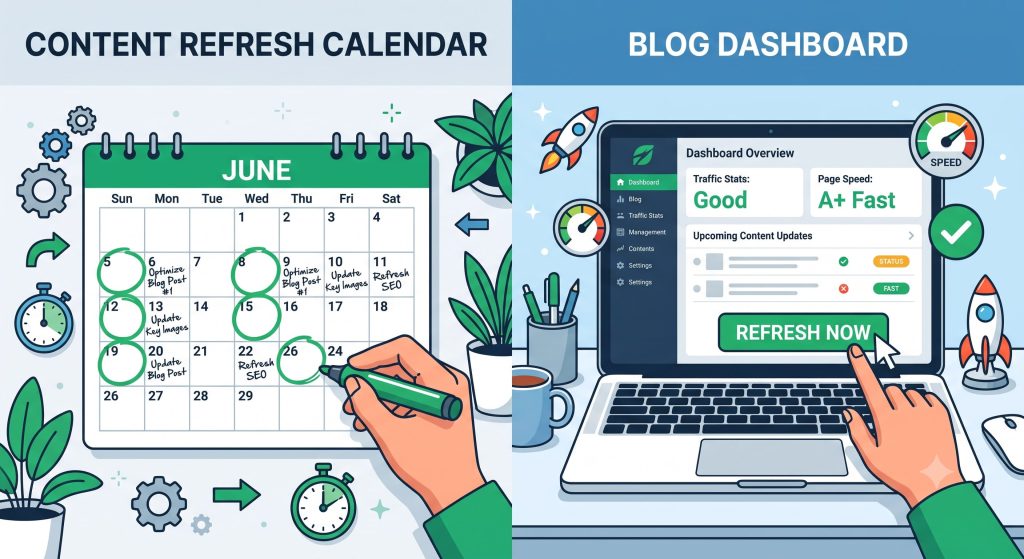 Content calendar showing regular website content updates for SEO