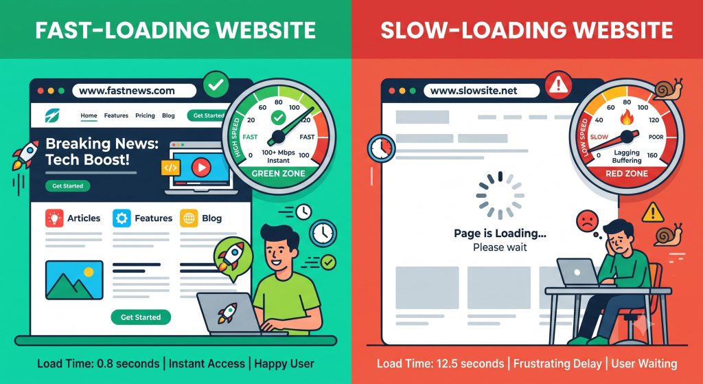 Fast vs slow website loading speed comparison affecting customer retention